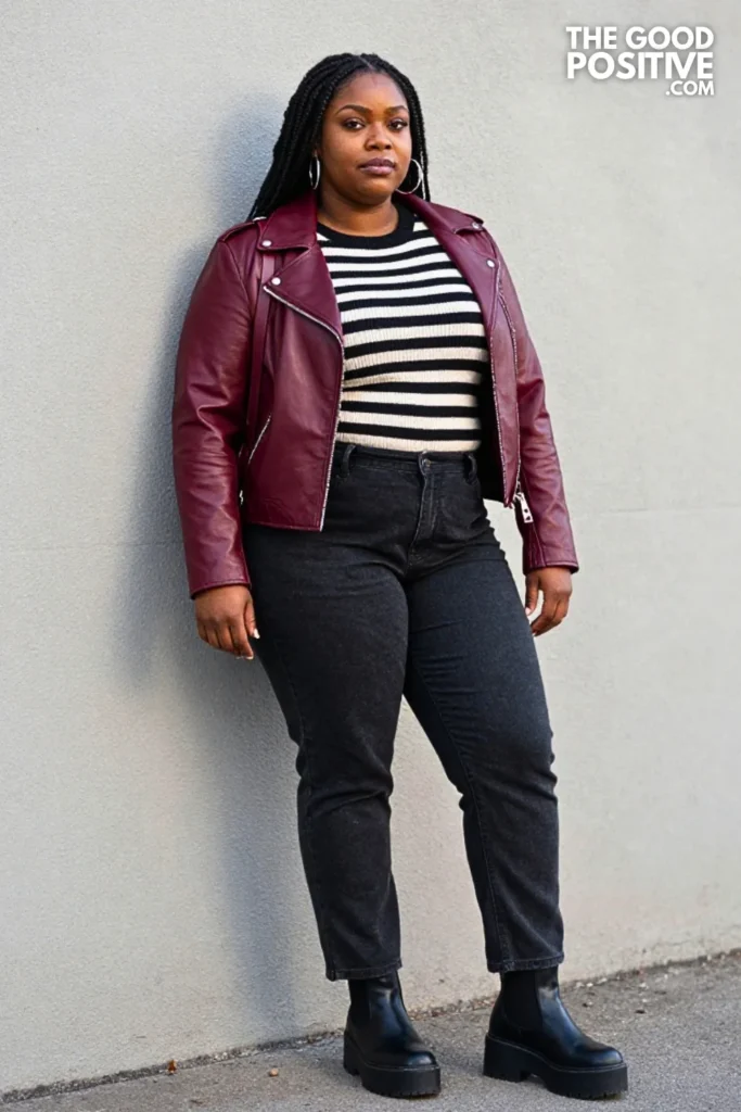 Burgundy Leather Jacket, Striped Knit, and Charcoal Jeans