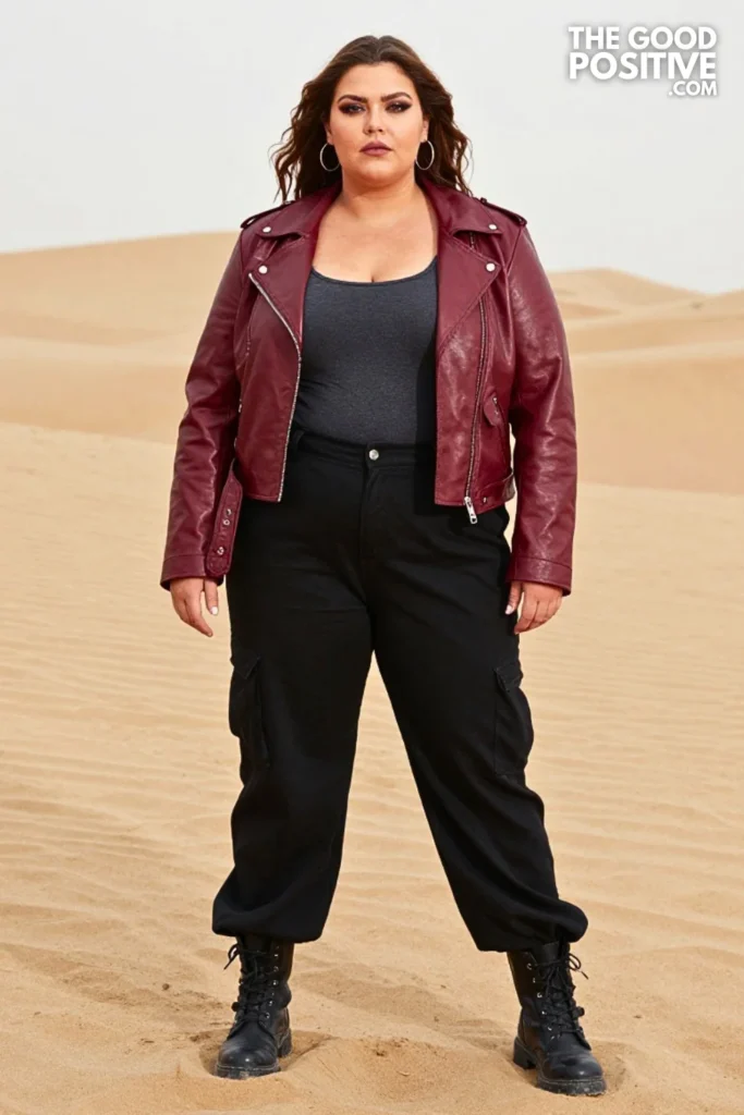 Burgundy Leather Jacket, Wide-Leg Pants, and Buckle Boots