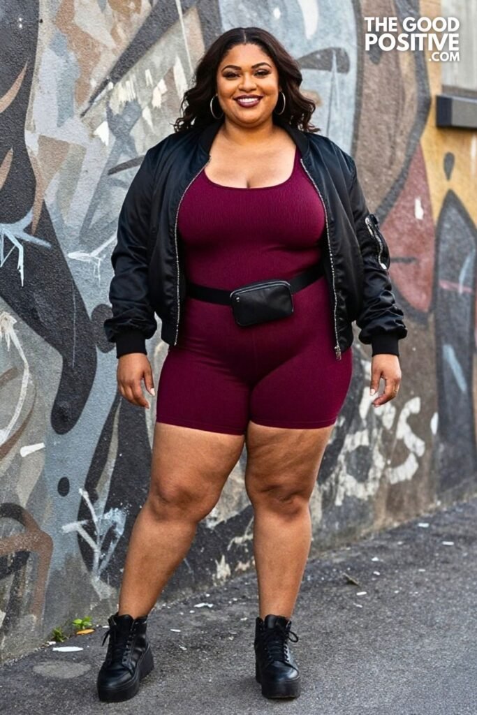 Burgundy Longline Tank With Biker Shorts And Lightweight Bomber Jacket