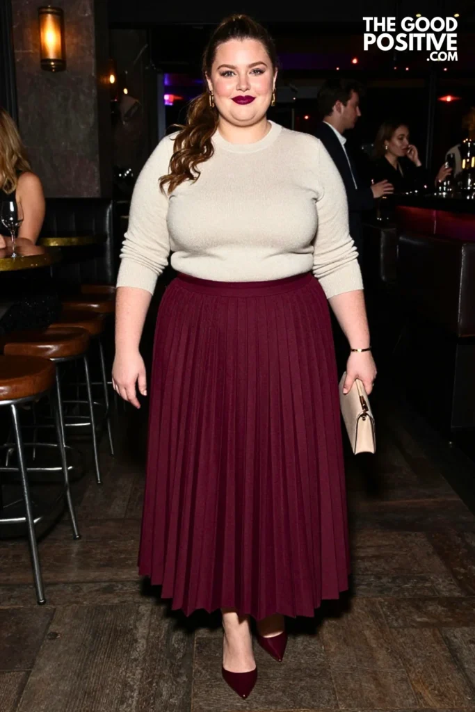 Burgundy Pleated Maxi Skirt With Ivory Knit Top