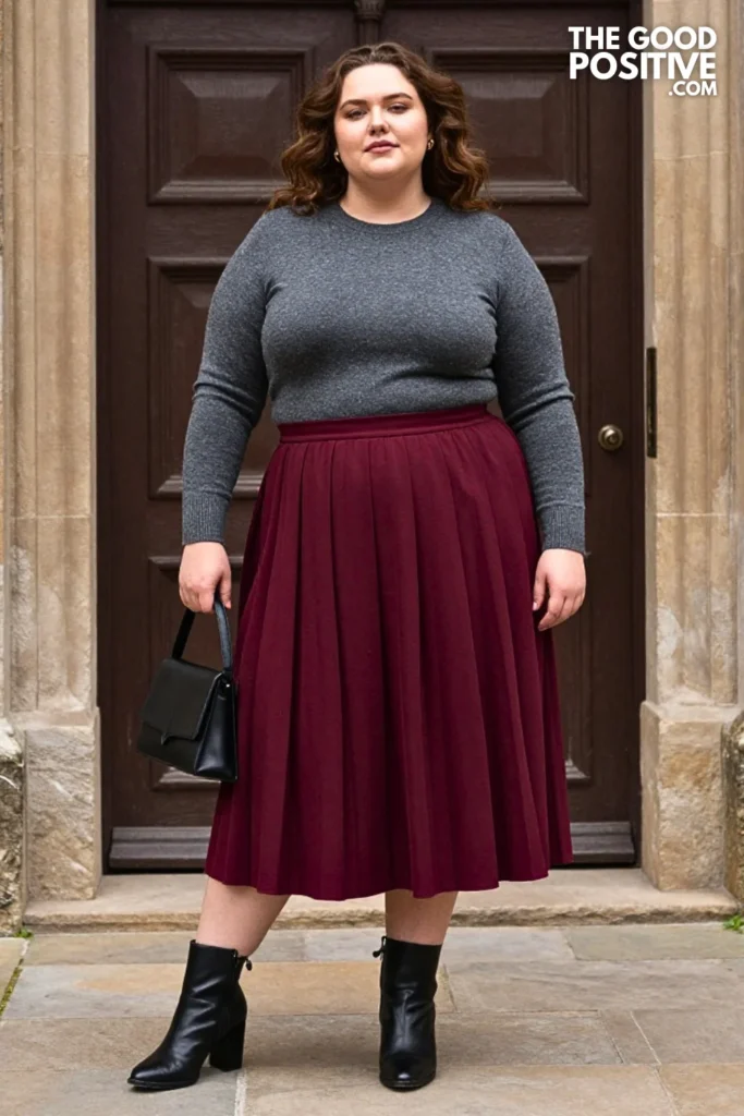 Burgundy Skirt With Black Ankle Boots