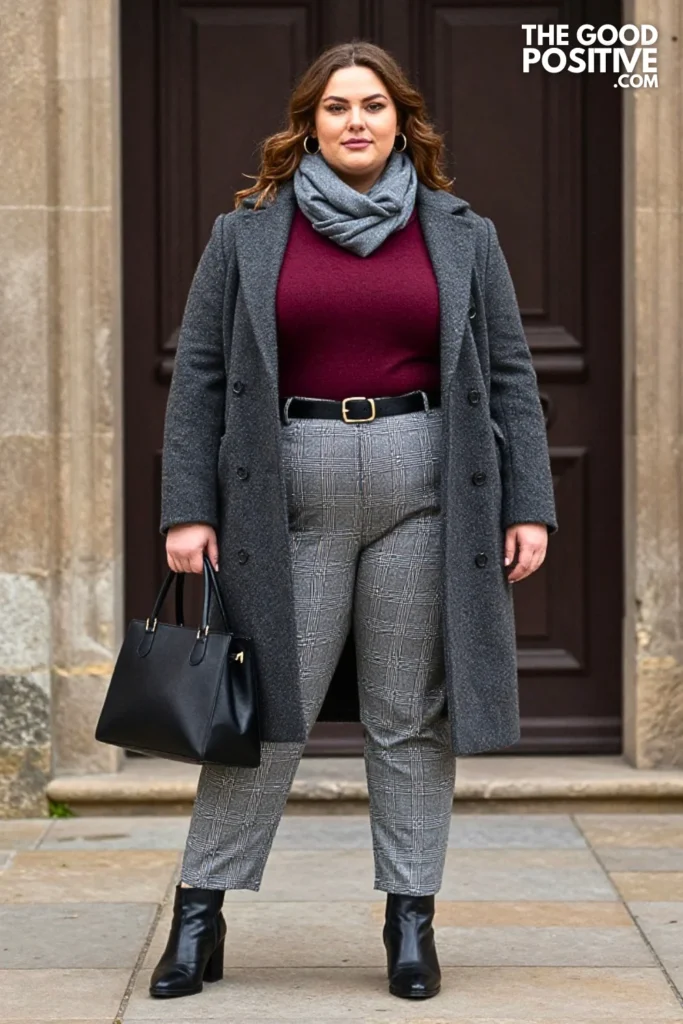 Burgundy Sweater With Gray Plaid Pants And Black Ankle Boots