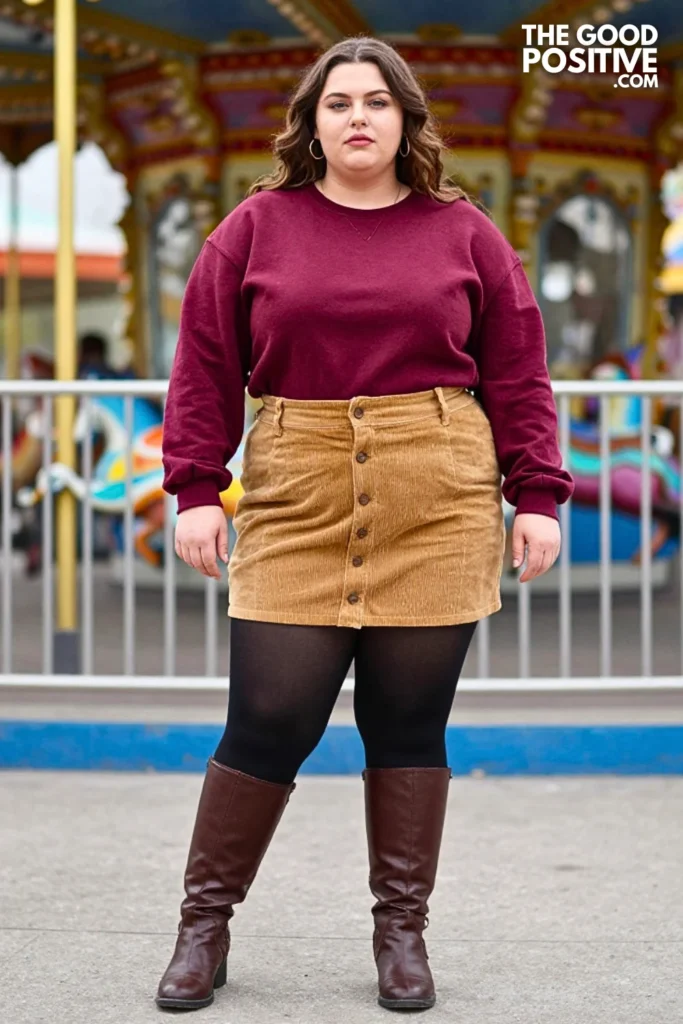 Burgundy Sweatshirt, Corduroy Skirt, And Knee-High Boots