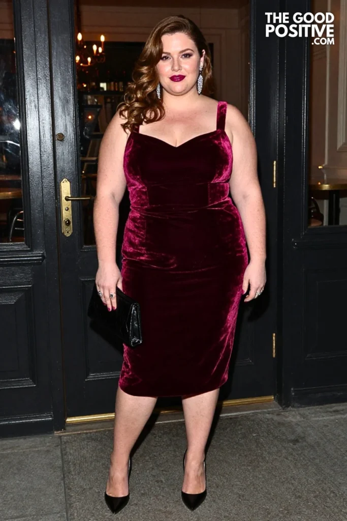 Burgundy Velvet Midi Dress With Crystal Earrings