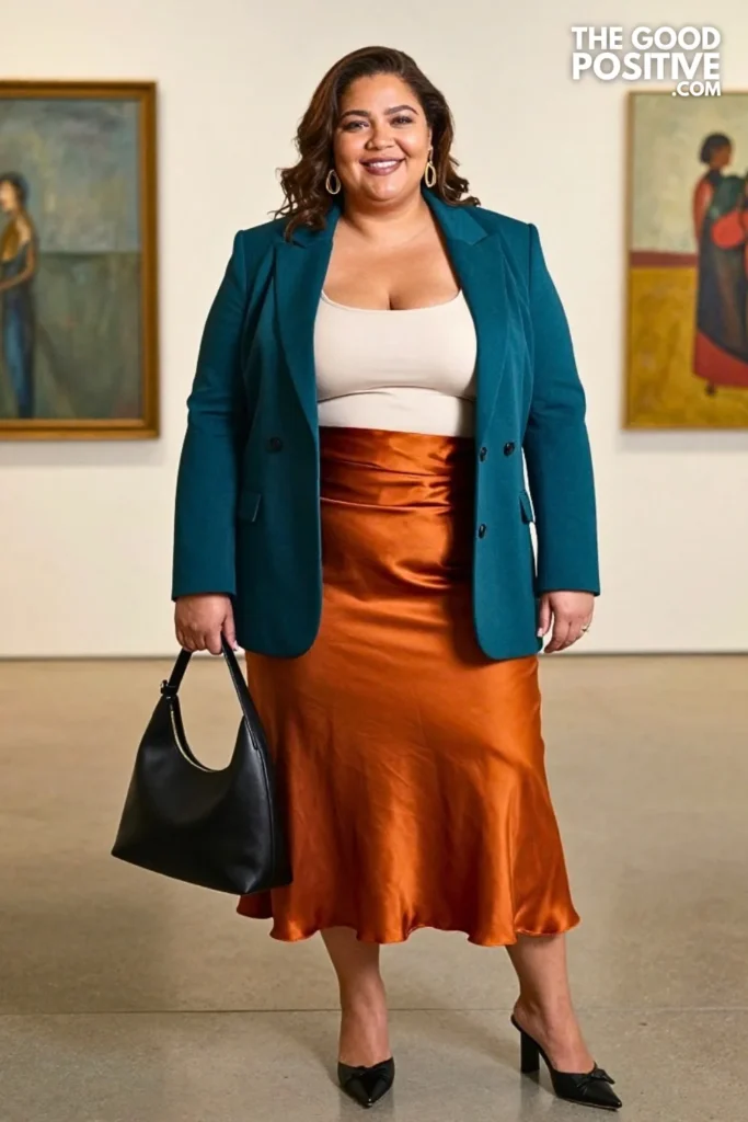 Burnt Orange Satin Midi, Teal Blazer & Sculptural Heels