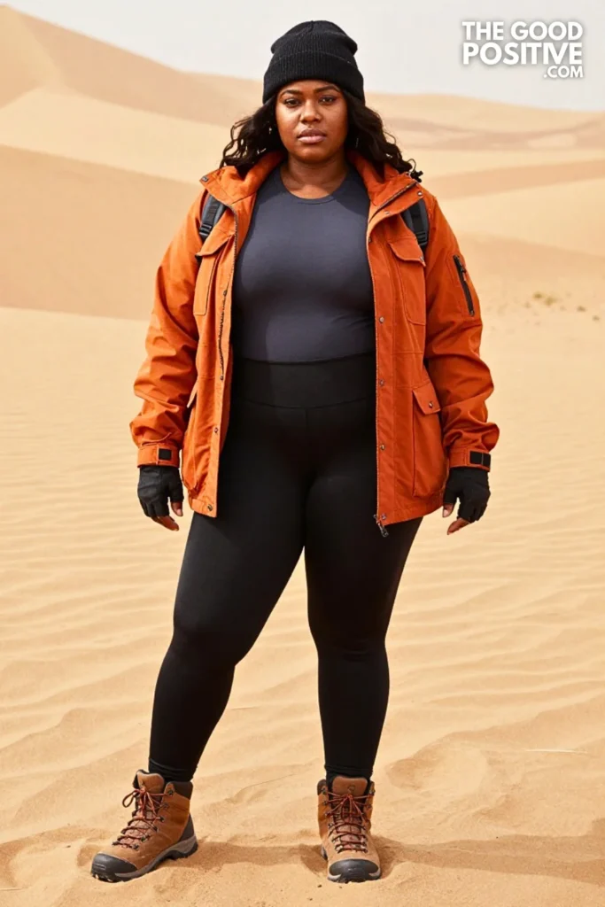 Burnt Orange Utility Jacket, Charcoal Leggings, and Trekking Boots