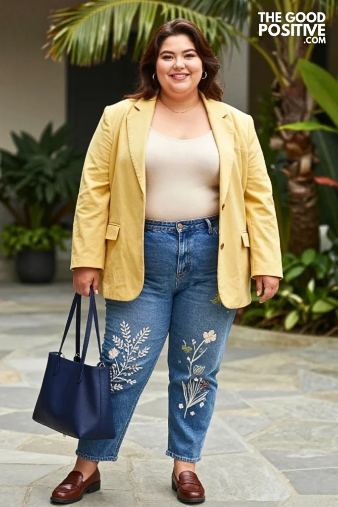 Butter Yellow Blazer With Printed Straight-Leg Jeans