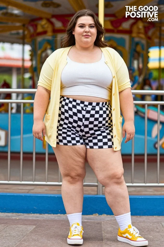 Butter Yellow Cardigan, Checkered Shorts, And Sneakers