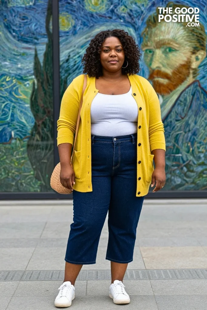 Butter Yellow Cardigan, Denim Culottes, and Sneakers
