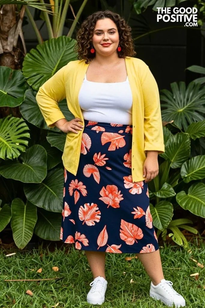 Butter-Yellow Cardigan With Coral Shell-Print Skirt