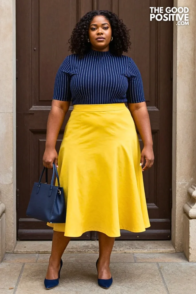 Butter Yellow Skirt With Navy Pinstripe Blouse