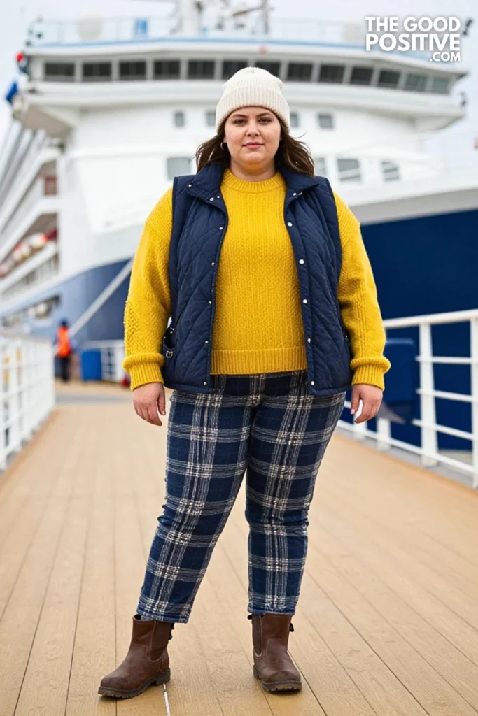 Butter-Yellow Sweater, Navy Vest & Patterned Jeans