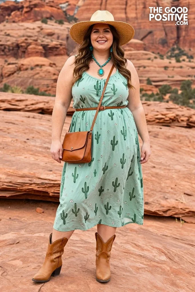 Cactus Print Midi Dress With Western Boots