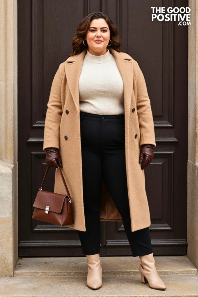 Camel Coat With Black Trousers And Beige Ankle Boots