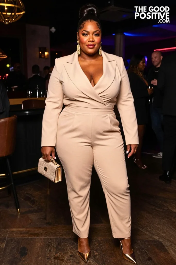Champagne Pleated Jumpsuit With Gold Earrings