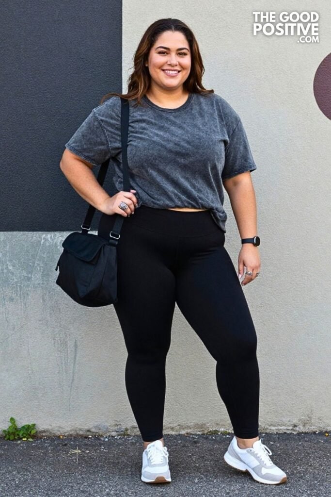 Charcoal Acid-Wash Oversized Tee With Black Leggings And Retro Runners