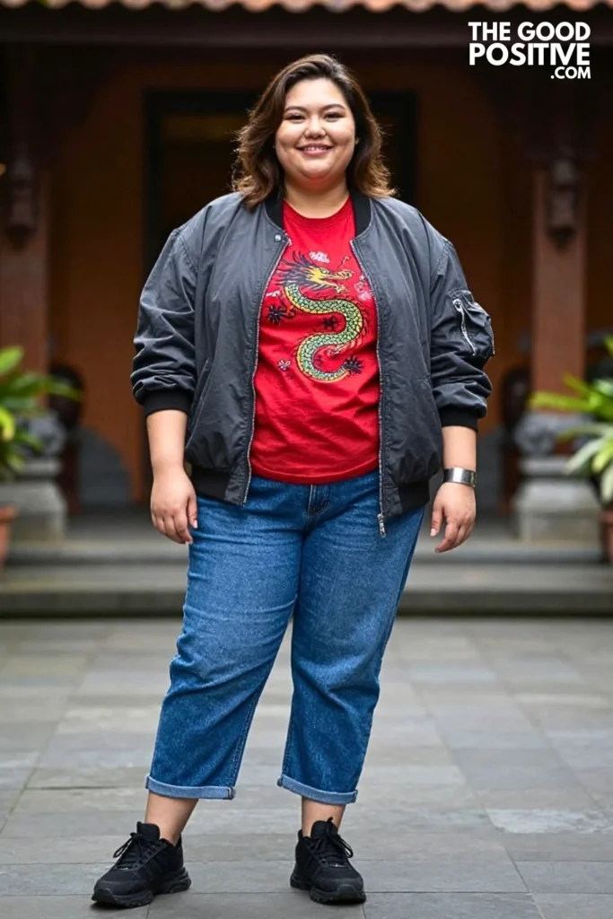 Charcoal Bomber With Dragon Graphic Tee And Baggy Jeans