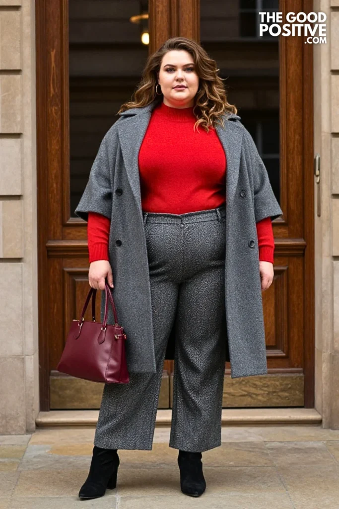 Charcoal Cape Coat, Red Knit, and Herringbone Pants