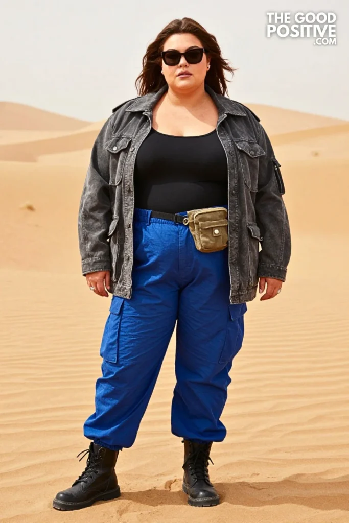 Charcoal Field Jacket, Cobalt Utility Trousers, and Combat Boots