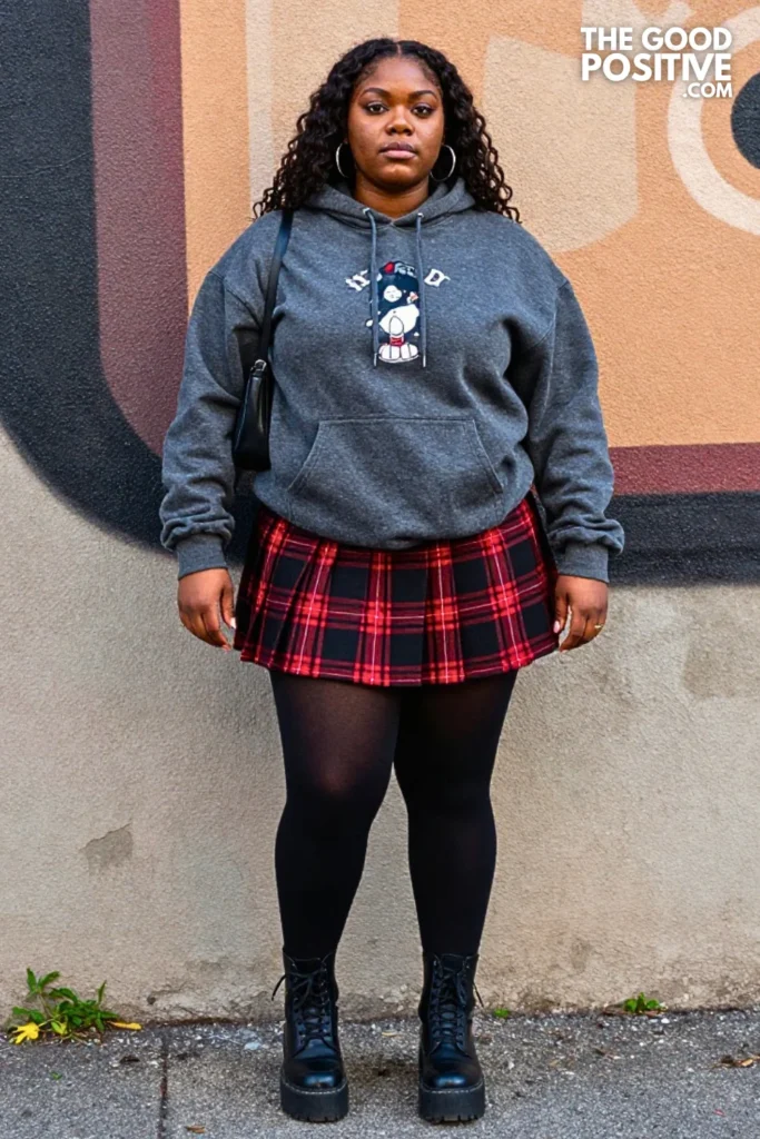 Charcoal Hoodie, Plaid Mini Skirt, and Platform Combat Boots