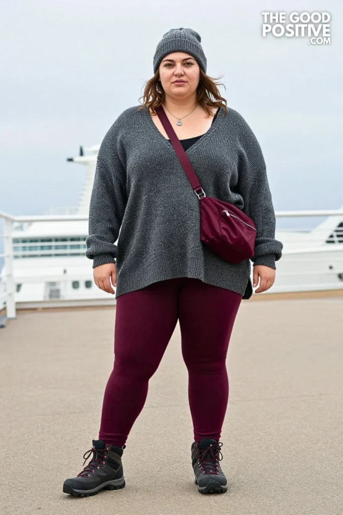 Charcoal Poncho Sweater, Berry Leggings, And Hiking Boots