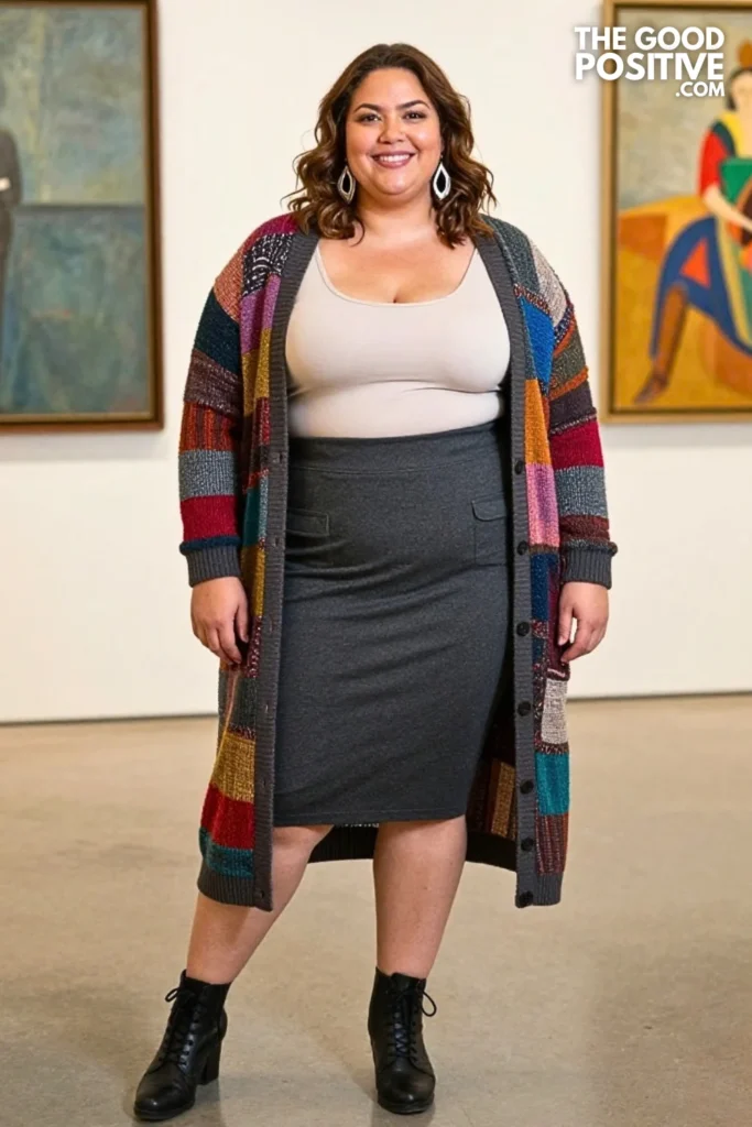 Charcoal Utility Skirt With Artistic Patchwork Cardigan