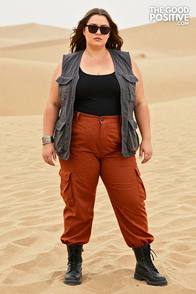 Charcoal Utility Vest, Rust Cargo Pants, and Combat Boots