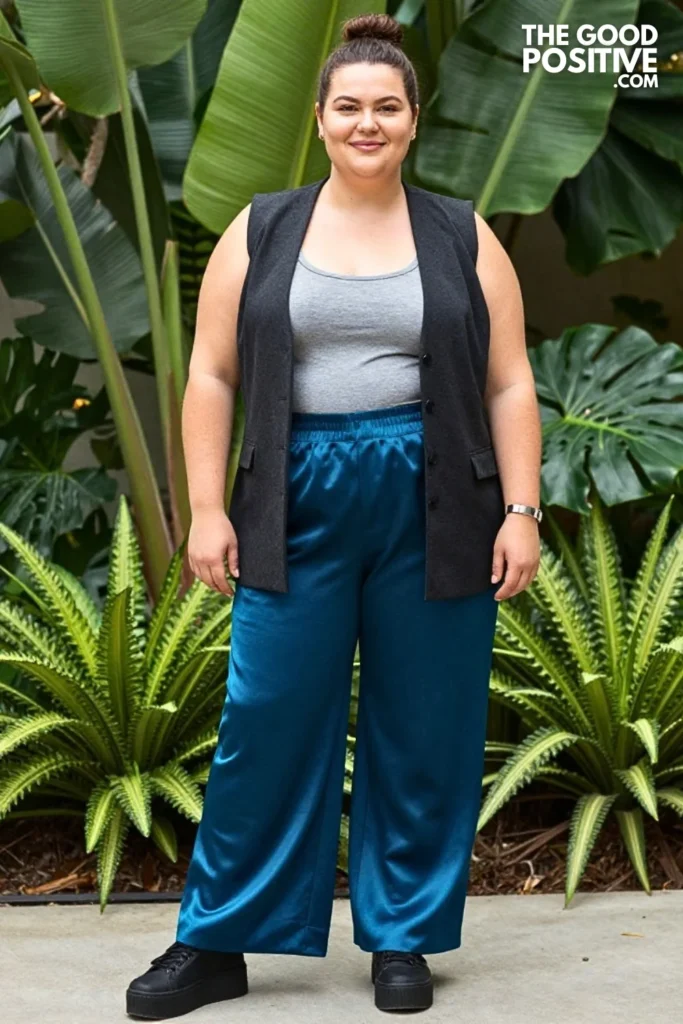 Charcoal Vest With Blue-Green Satin Trousers