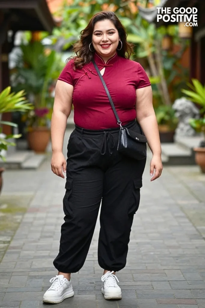 Cherry Red Baddie Qipao Top With Black Cargo Trousers