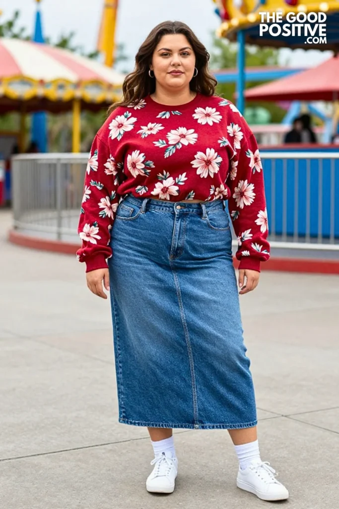 Cherry Red Sweatshirt, Denim Maxi Skirt, And Sneakers