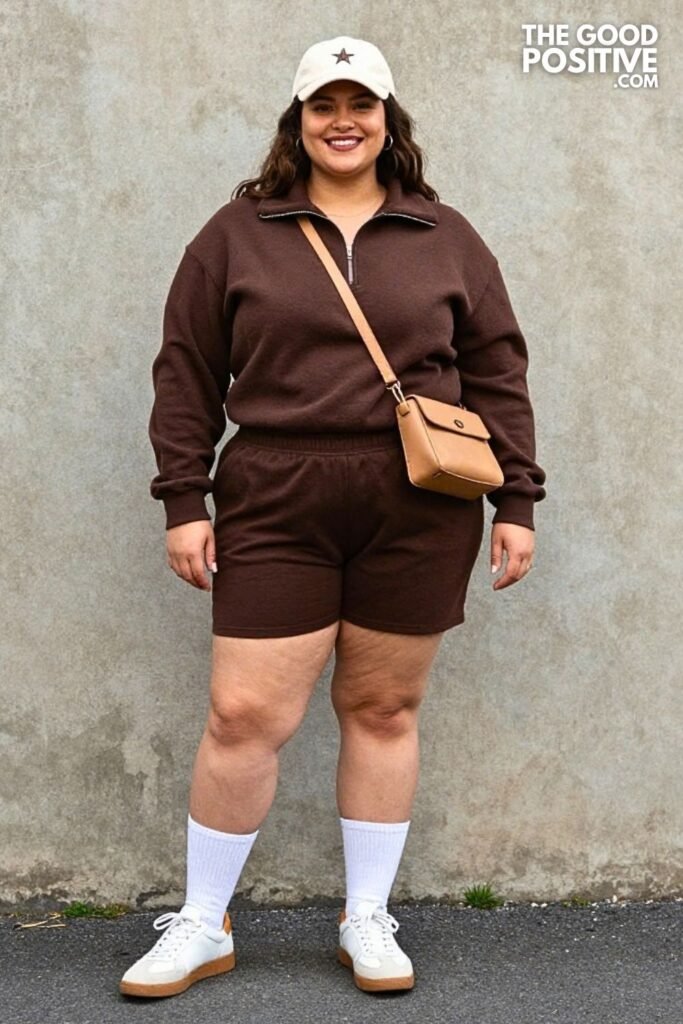 Chocolate Brown Half-Zip Pullover And Bermuda Shorts Set With Baseball Cap