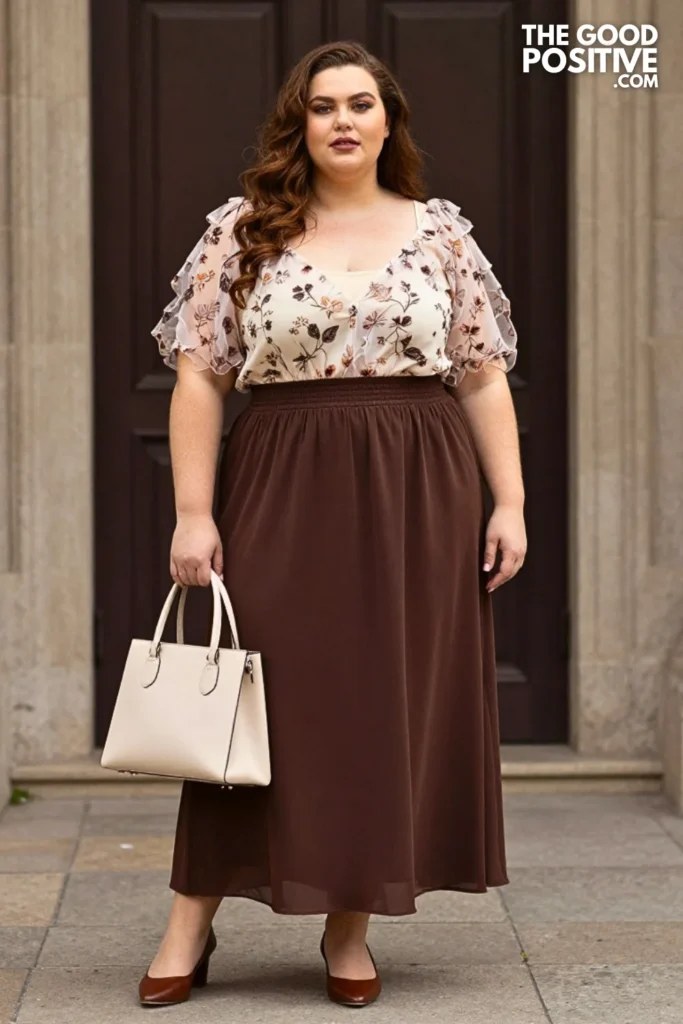Chocolate Brown Skirt With Floral Organza Blouse