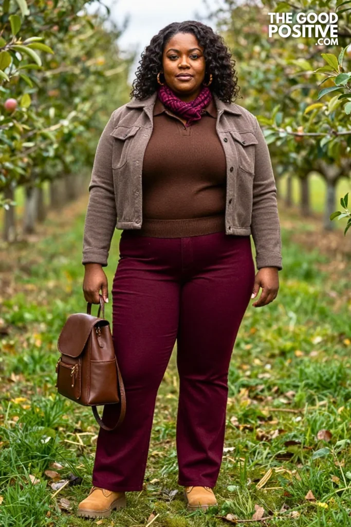 Chocolate Knit Polo, Berry Jeans & Oatmeal Jacket