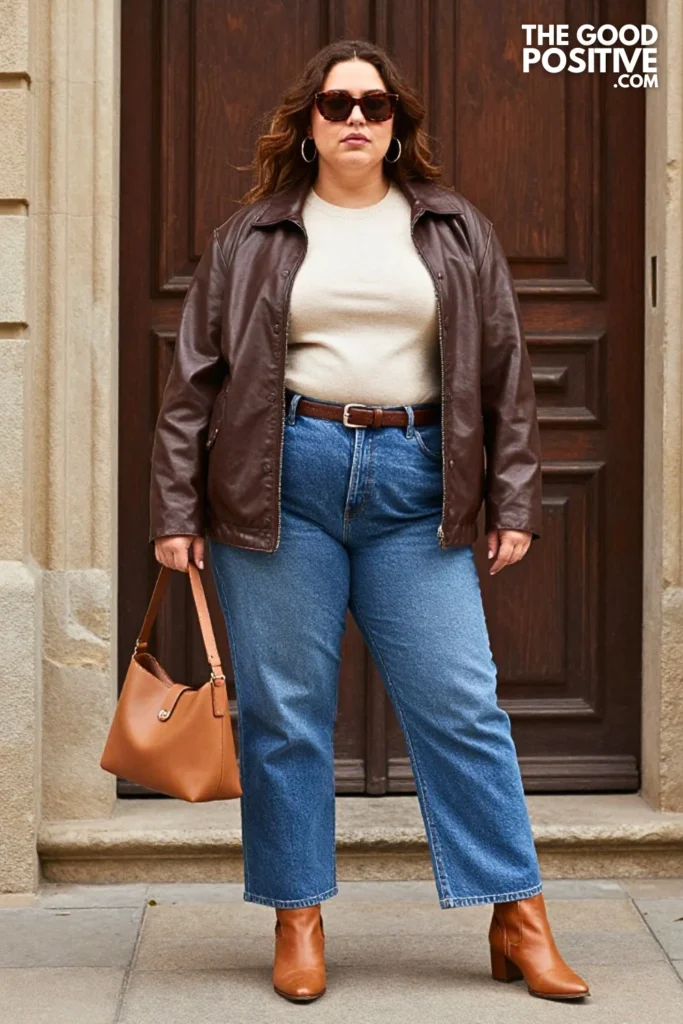 Chocolate Leather Jacket With Straight Jeans And Tan Boots