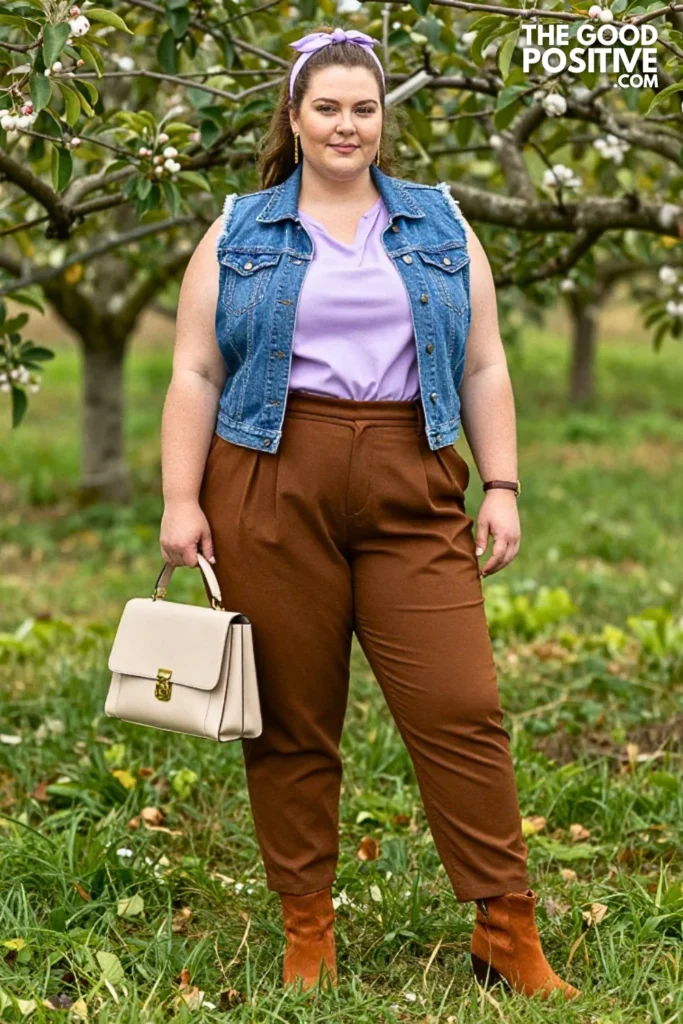 Chocolate Pleated Trousers, Lavender Blouse & Denim Vest