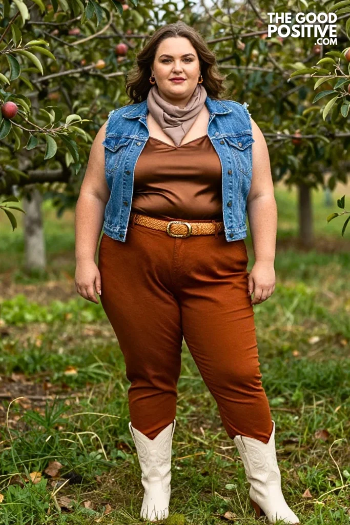 Chocolate Satin Camisole, Rust Trousers & Cropped Denim Jacket