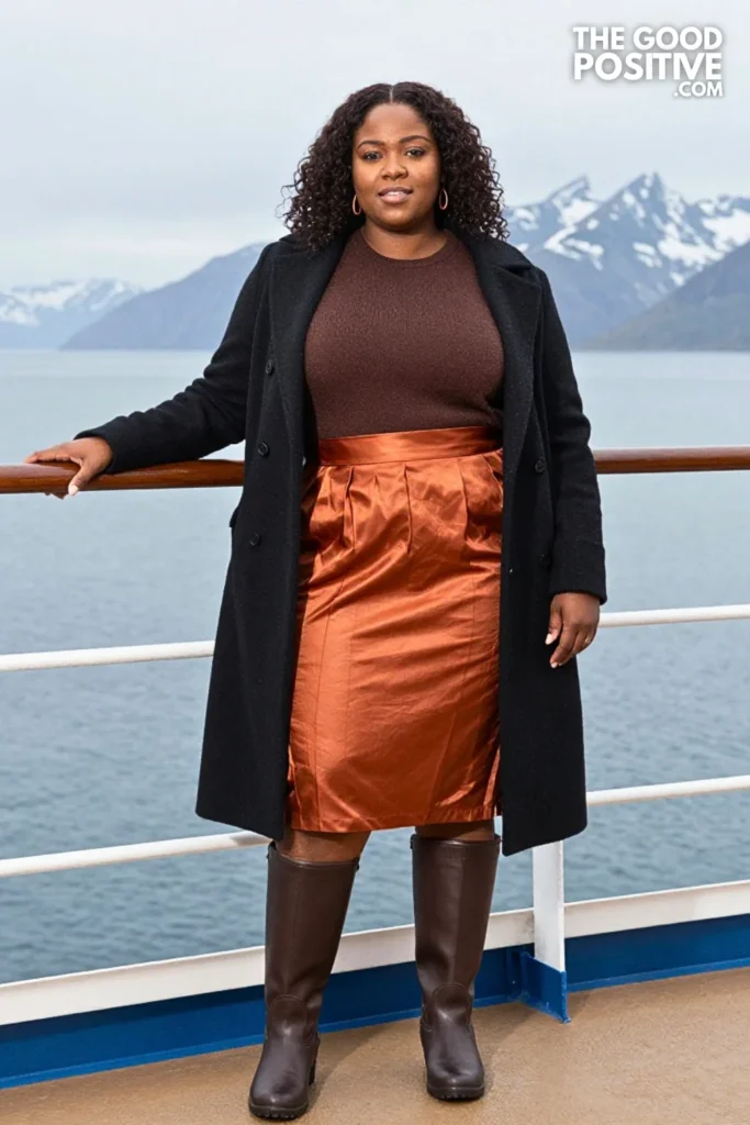 Chocolate Sweater, Copper Pleated Skirt, And Tall Boots