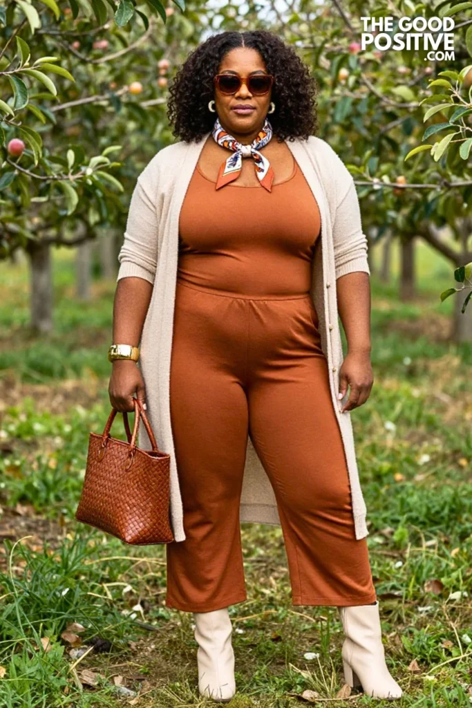 Clay Jumpsuit, Terracotta Cardigan & Cream Boots