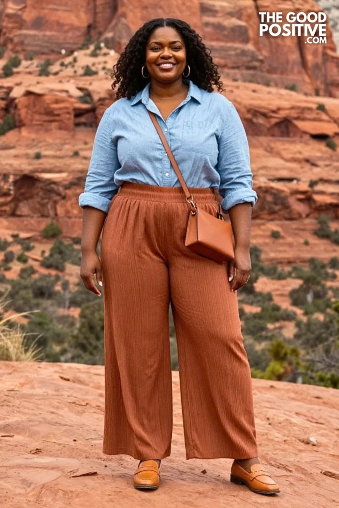 Clay-Tone Pleated Pants With Chambray Shirt