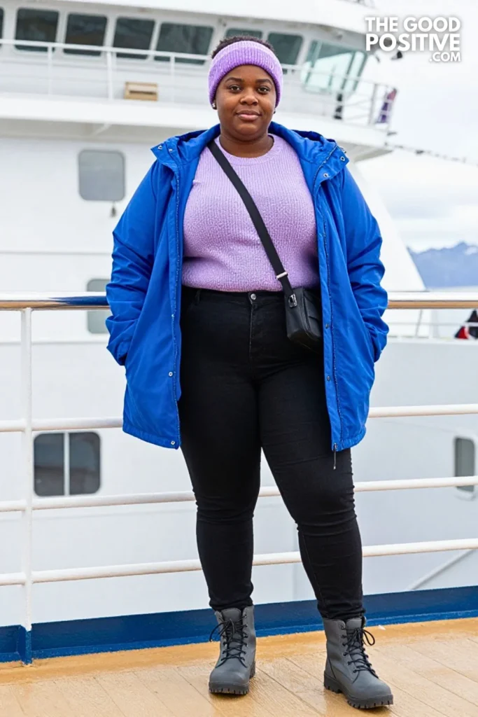 Cobalt Anorak, Lavender Sweater & Black Jeans