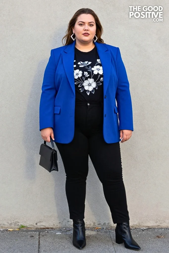 Cobalt Blue Blazer, Graphic Bodysuit, and Black Trousers
