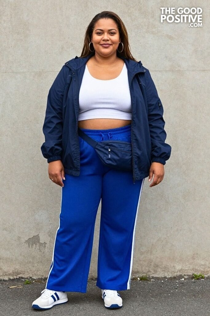 Cobalt Blue Wide-Leg Track Pants With White Cropped Tank And Lightweight Windbreaker
