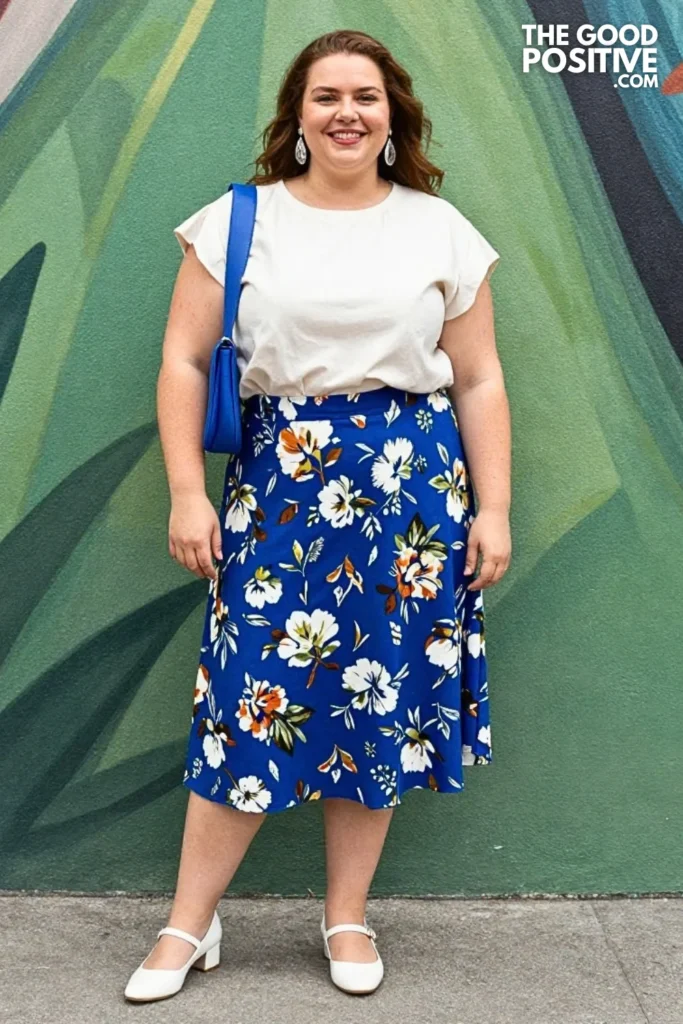 Cobalt Brushstroke Skirt With Ivory Blouse