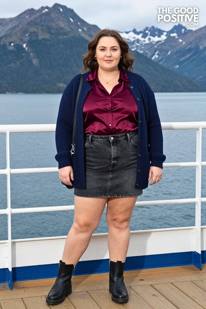 Cobalt Cardigan, Burgundy Blouse, And Gray Denim Skirt