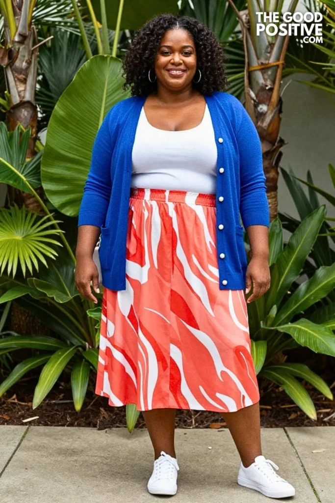 Cobalt Cardigan With Coral Abstract-Print Skirt