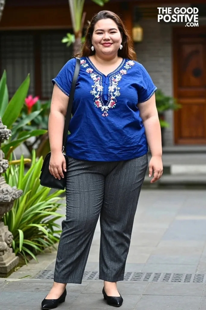 Cobalt Hanbok-Inspired Blouse With Pleated Wide-Leg Trousers