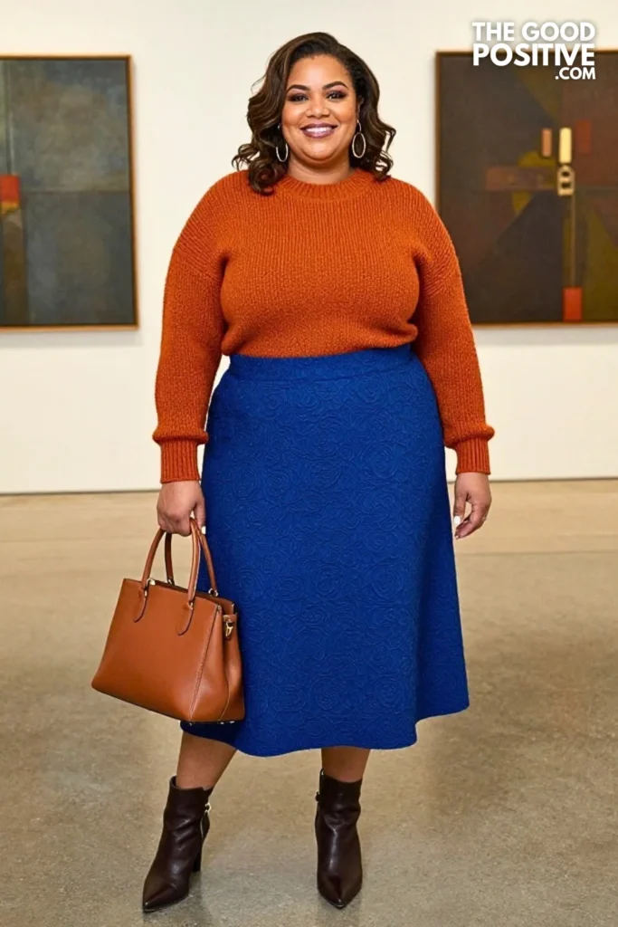 Cobalt Jacquard Skirt With Burnt-Orange Knit