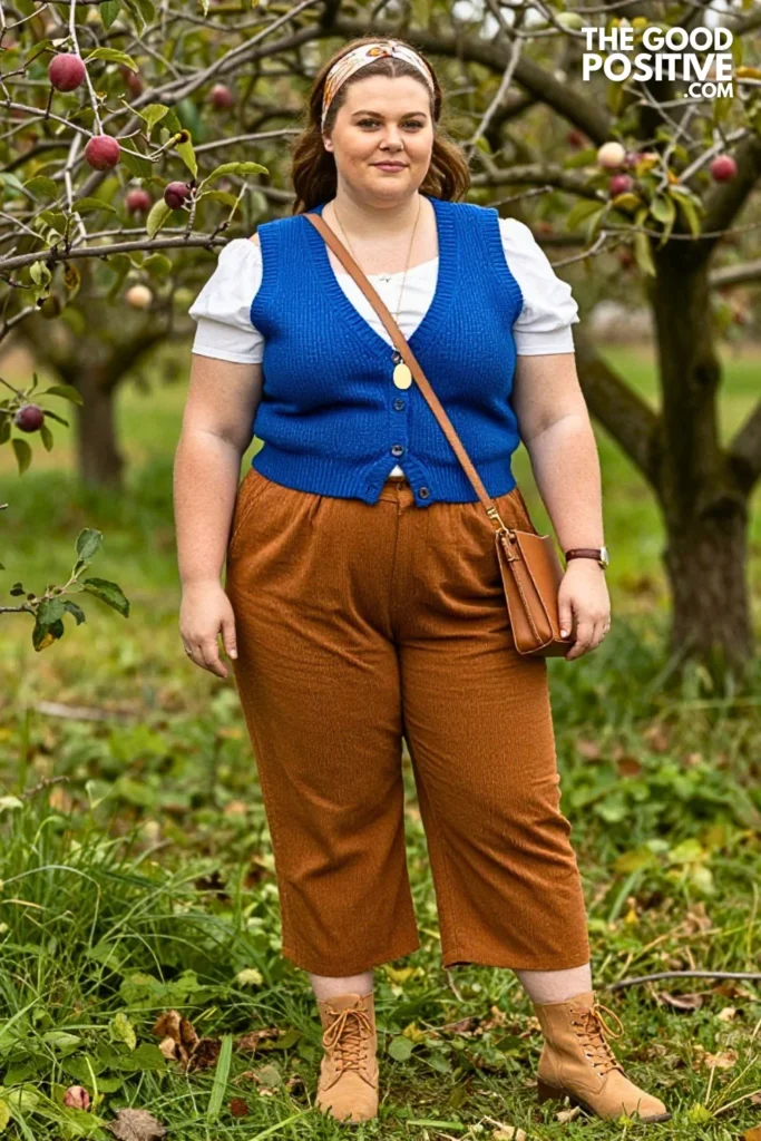 Cobalt Knit Vest, Cinnamon Trousers & White Blouse