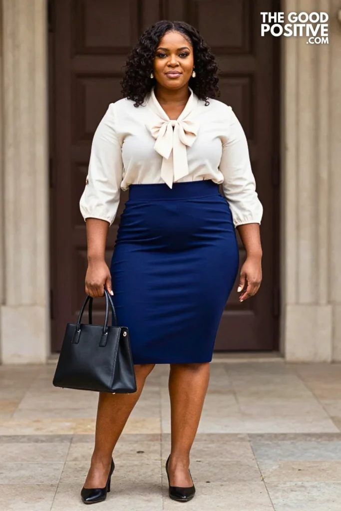 Cobalt Pencil Skirt With Bow-Neck Blouse