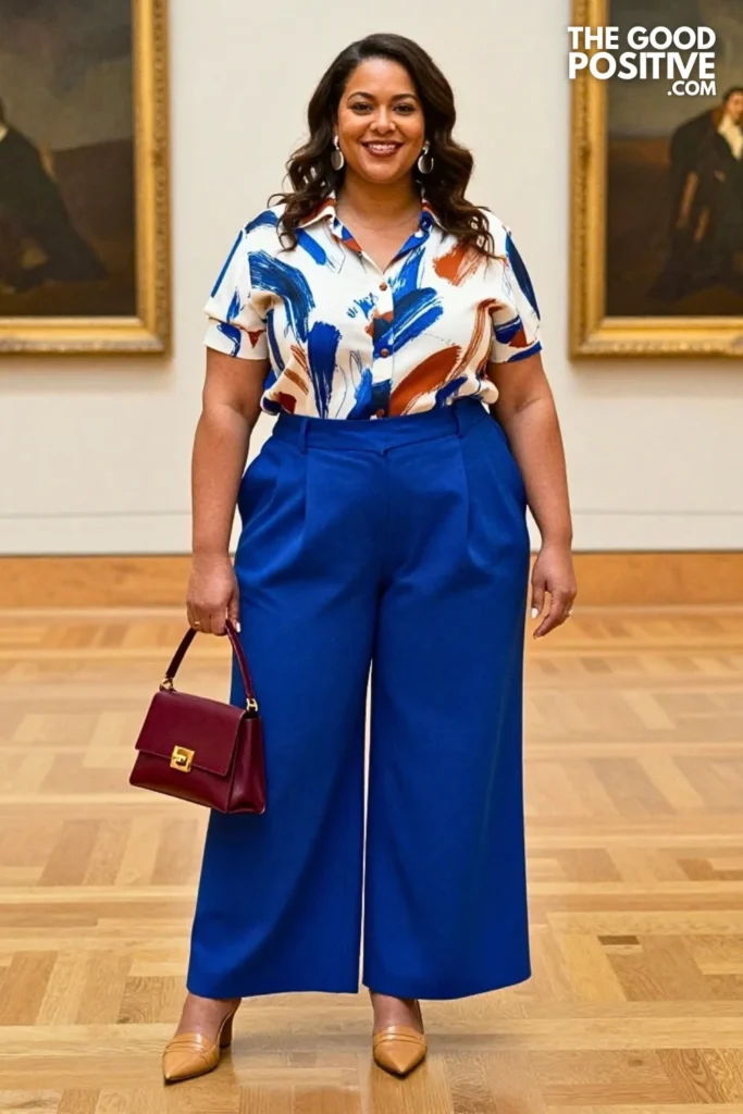 Cobalt Pleated Trousers With Abstract Print Blouse